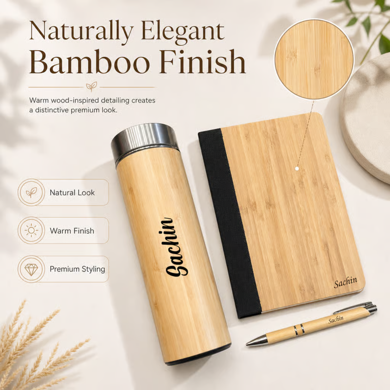 Personalized Maple 3 in 1 Gift Set | Custom Name Flask Diary & Pen Combo | Bamboo Finish Corporate Birthday Office Gifting Set
