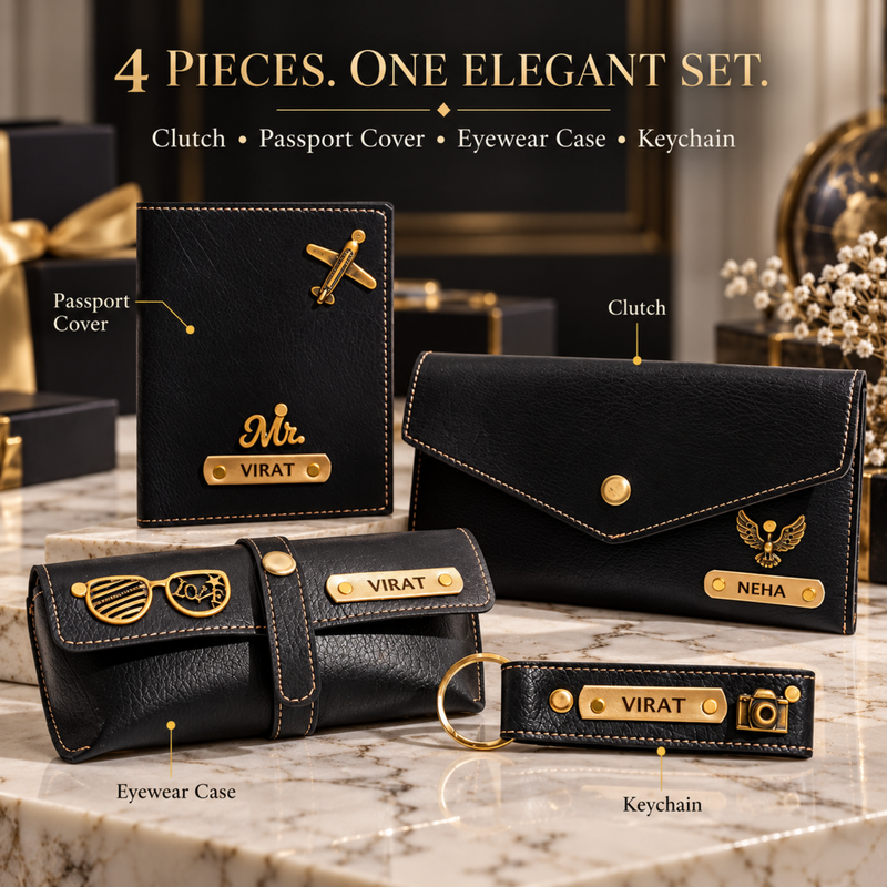 Personalised Muse Collection Gift Hamper | Premium Women Gift Set with Clutch, Passport Cover, Eyewear Case & Keychain