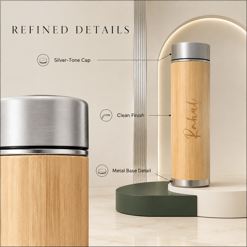 Personalised Bamboo LED Flask 500 ml | Stainless Steel Insulated Bottle with Temperature Display | Natural Bamboo Colour