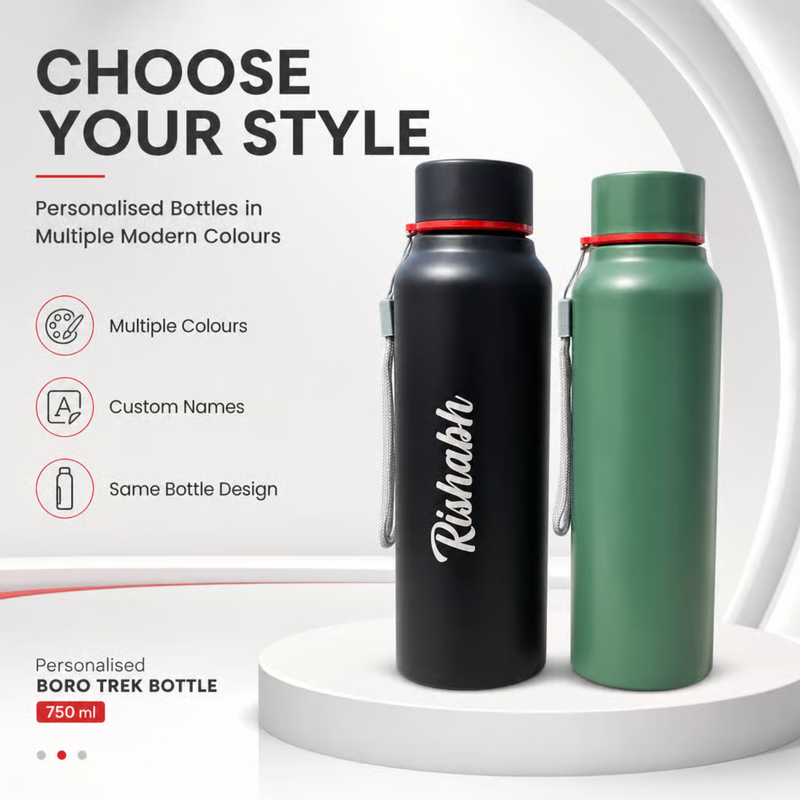 Personalised Boro Trek Bottle 750 ml | Stainless Steel Water Bottle with Custom Name | Leakproof Travel Bottle