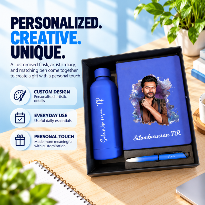 Phantom Personalised Gift Set | Custom Solid Flask with Artistic Diary & Pen | Premium Customised Gift Hamper for Men & Women