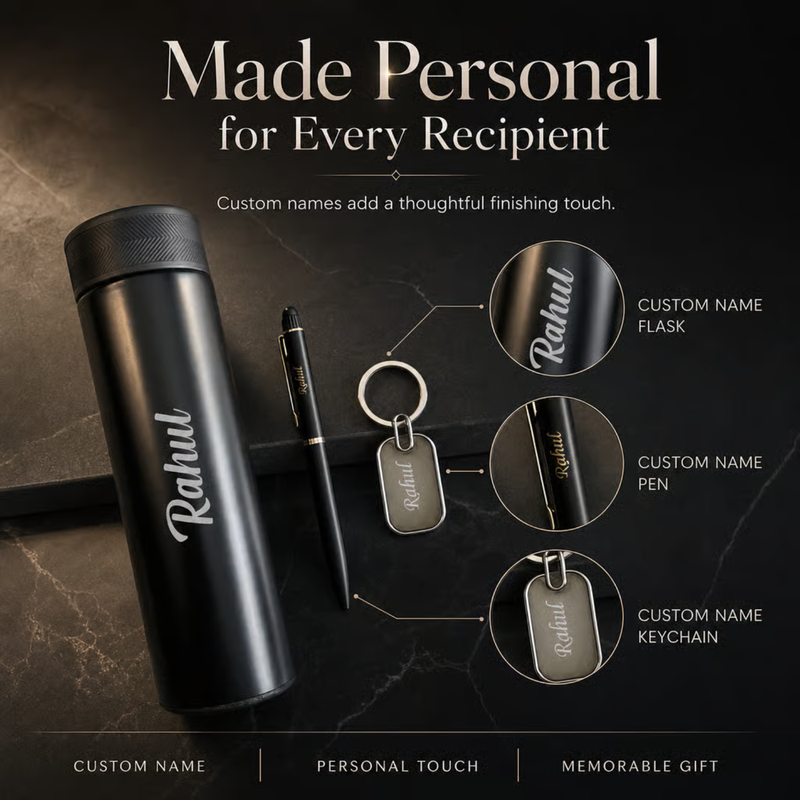 Personalized Grippo 3 in 1 Gift Set | Custom Name Flask Pen & Keychain Combo | Corporate Birthday Office Gifting Set