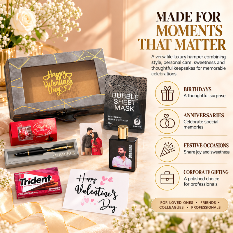 Crafted Premium Gift Set | Parker Pen Lindt Chocolate Bellavita Perfume Wallet Card Face Mask & Personalized Hamper | Luxury Gift Box for Special Occasions