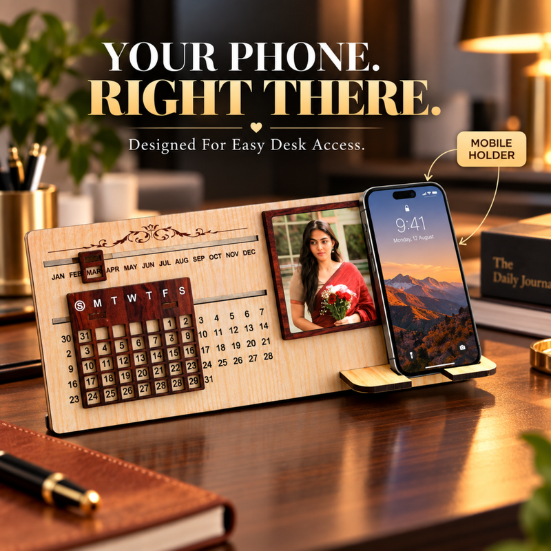 Personalised Infinity Calendar Stand with Photo Frame & Mobile Holder