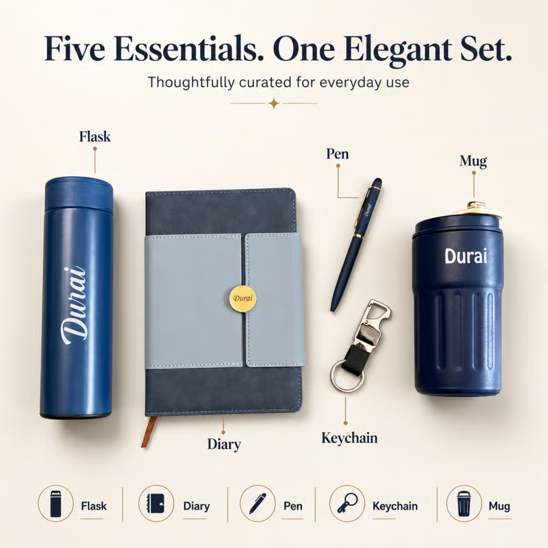 Personalized Calista 5 in 1 Gift Set | Custom Name Flask Diary Travel Mug Pen & Keychain Combo | Corporate Birthday Office Gifting Set