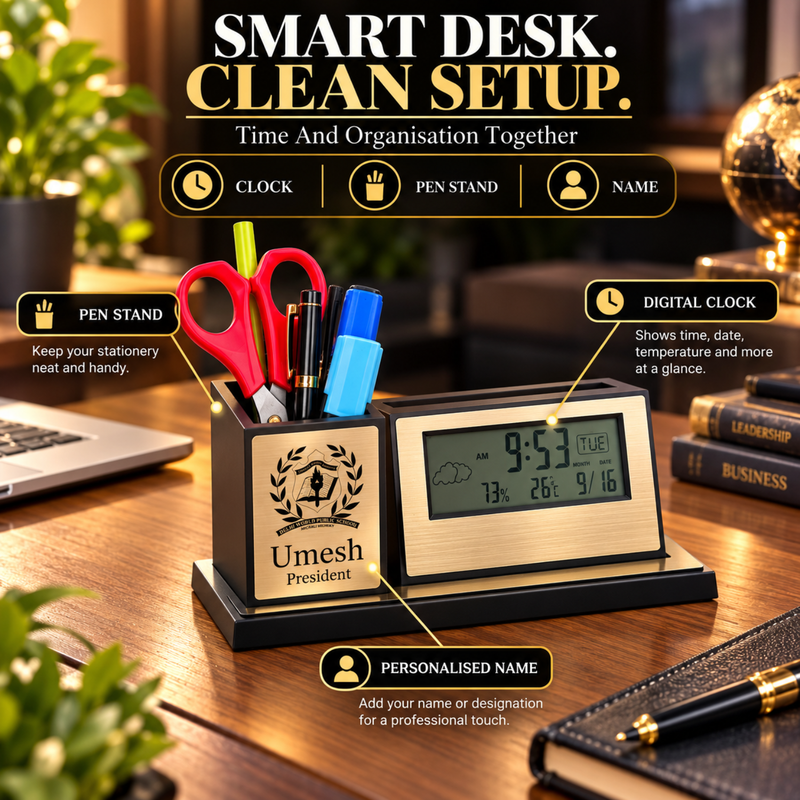 Personalised Digi Clock Pen Stand | Digital Clock Display with Custom Name Desk Organiser