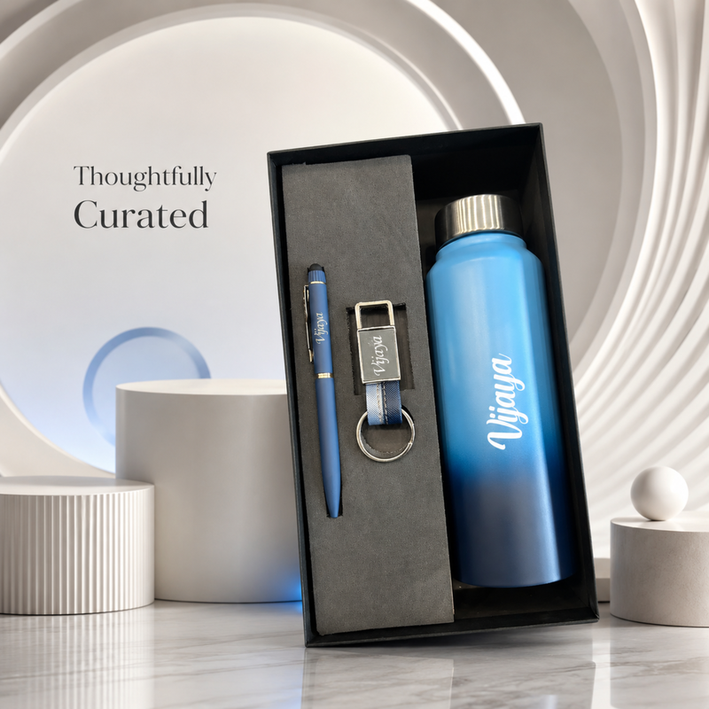 Personalized Pebble 3 in 1 Gift Set | Custom Name Bottle Pen & Keychain Combo | Corporate Birthday Office Gifting Set