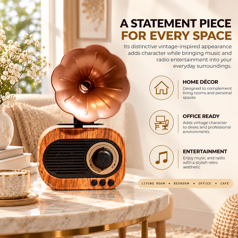 Gramophone Retro Speaker with Radio | Vintage Style Bluetooth Speaker for Home & Office