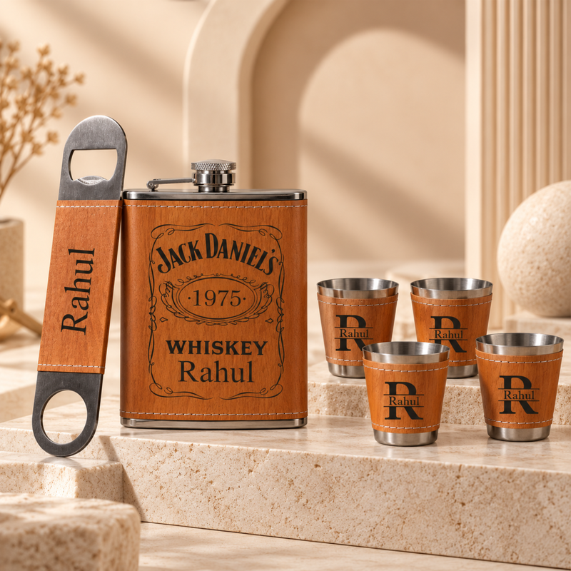 Personalised Hip Flask Gift Set 200ml with 50ml Shot Glasses | Premium Stainless Steel Flask Set with Bottle Opener | Custom Engraved Gift for Men