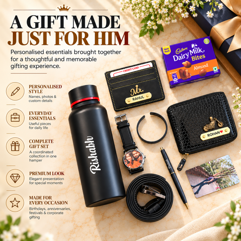 Gentlemen Customised Hamper | Personalised Bottle, Photo Wrist Watch, Wallet, Kada, Card Holder, Belt, Pen & Chocolate Gift Set for Men