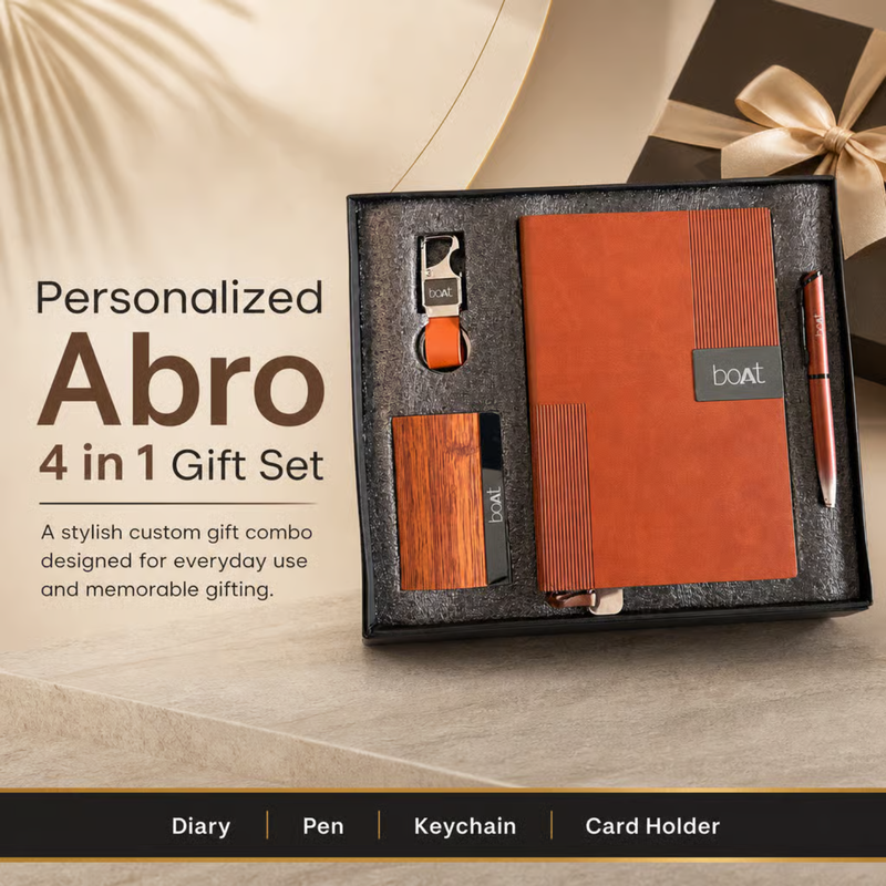 Personalized Abro 4 in 1 Gift Set | Custom Name Diary Pen Keychain & Card Holder Combo | Corporate Birthday Office Gifting Set