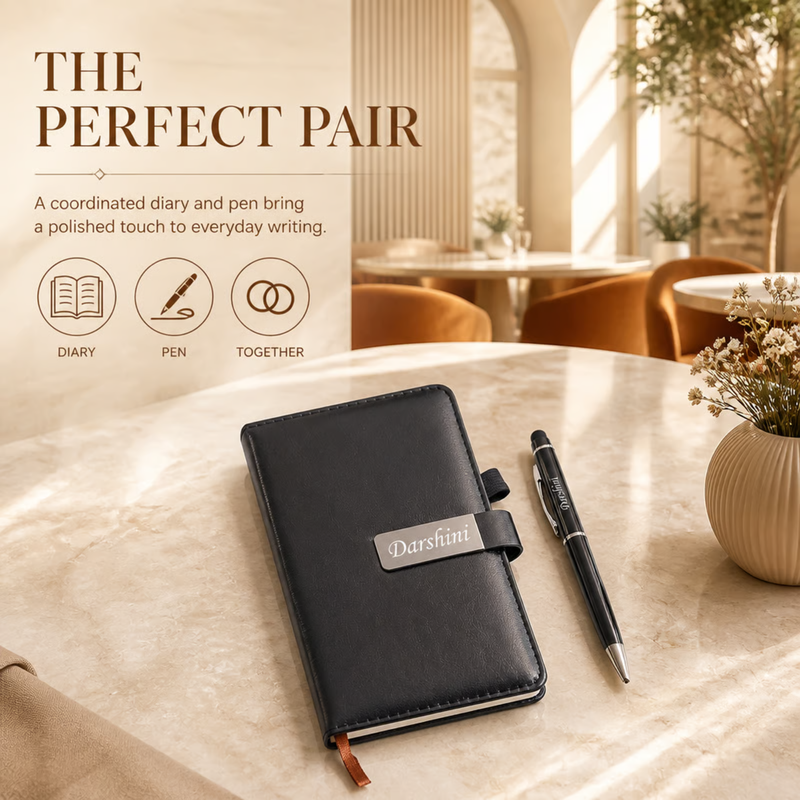 Pocket Personalised Diary Pen Set | Compact Premium Diary with Custom Name Plate & Matching Pen | Stylish Portable Office Stationery Gift Set