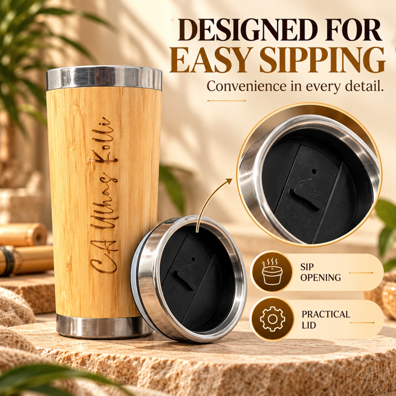 Personalised Bamboo Travel Mug | 400ml Wooden Finish Coffee Tumbler