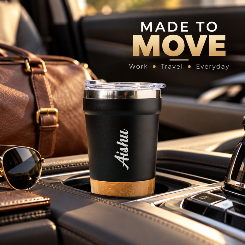 Personalised Supreme Travel Mug | 350ml Tumbler with Wooden Base Grip