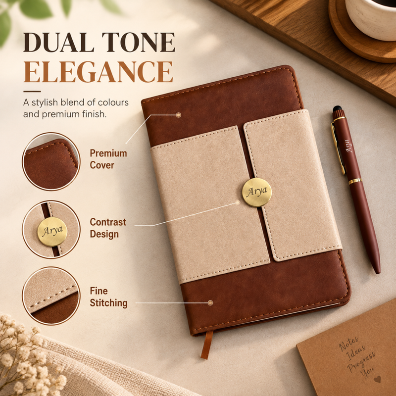 Fusion Personalised Diary Pen Set | Premium Dual Tone Diary with Custom Name & Matching Pen | Elegant Office Stationery Gift Set for Professionals Students