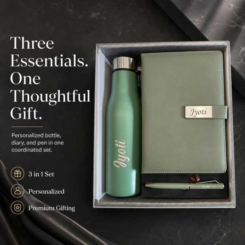 Personalized Glidder 3 in 1 Gift Set | Custom Name Bottle Diary & Pen Combo | Corporate Birthday Office Gifting Set