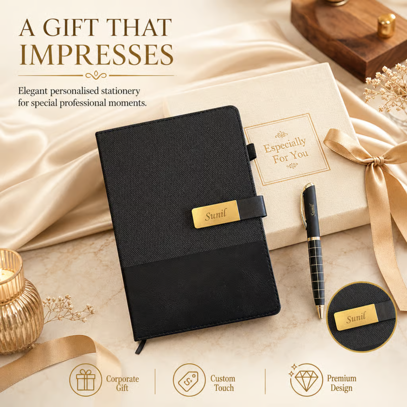 Modena Personalised Diary Pen Set | Premium Textured Diary with Custom Name Plate & Matching Pen | Elegant Office Stationery Gift Set for Professionals