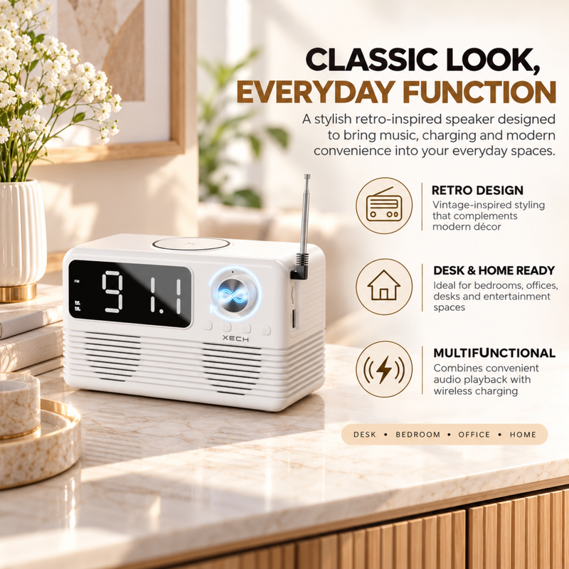Eon Max Retro Speaker with Wireless Charger | Vintage Style Bluetooth Speaker for Desk & Home