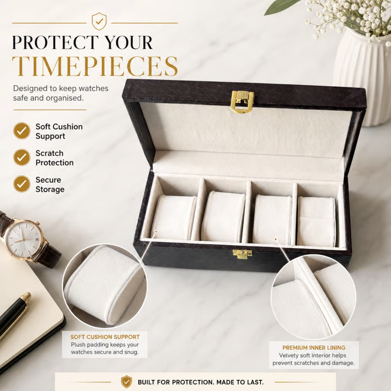 Personalized Watch Organizer | 4 Slot Watch Storage Box with Premium Finish | Elegant Watch Holder Case for Men & Women