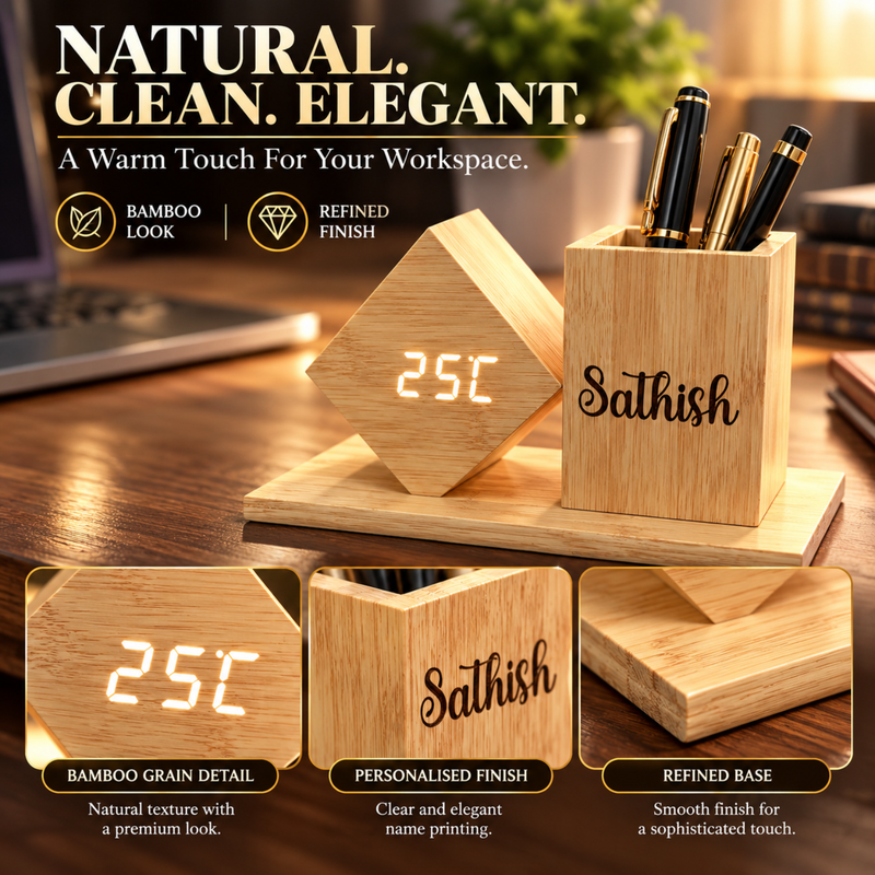 Bamboo Desk Organizer with Digital Clock Display | Wooden Pen Holder for Office & Study Table
