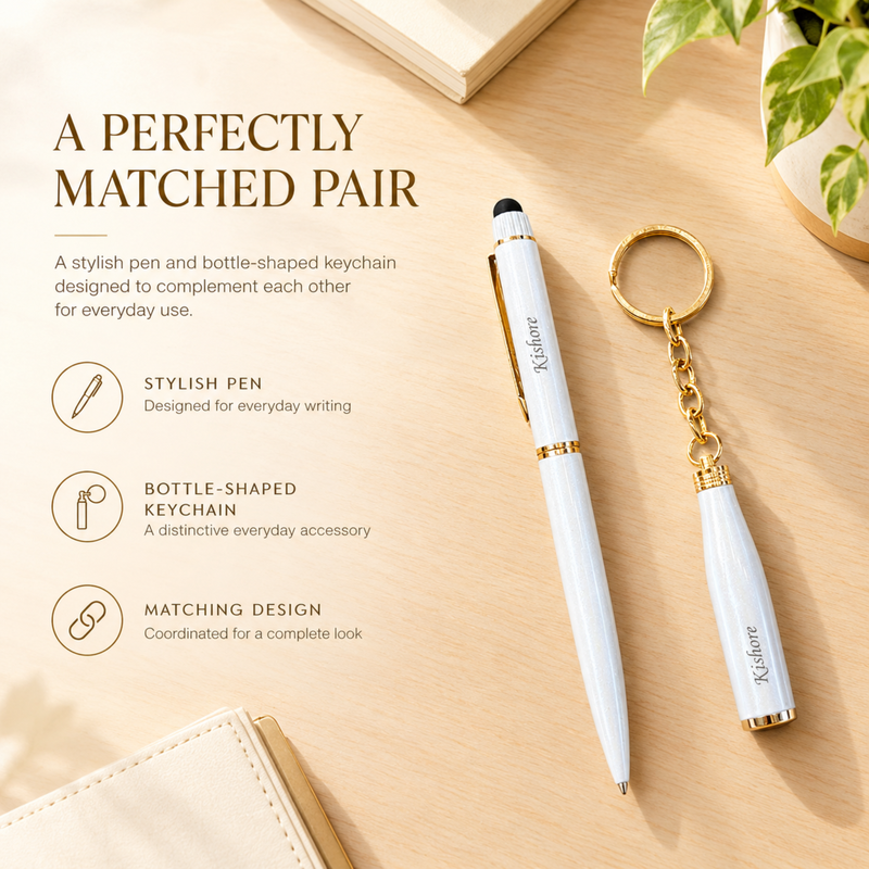 Personalised Bottle Shape Keychain & Pen Set | Stylish Pen with Matching Keychain | 2-Piece Gift Set for Men & Women