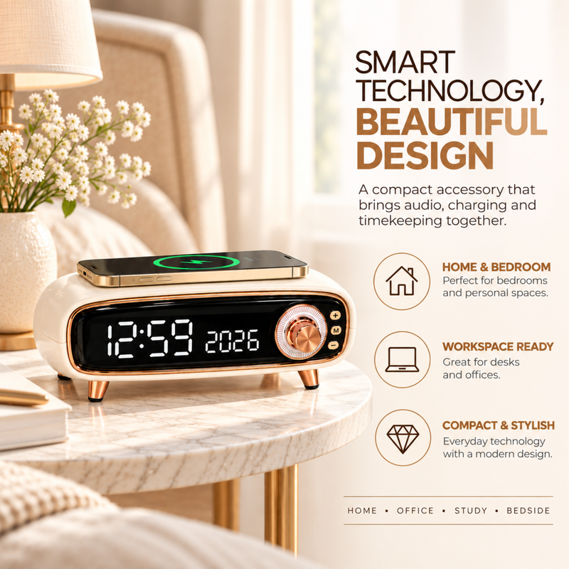 Pebble Aura 3.0 Wireless Charger Speaker | 3-in-1 Bluetooth Speaker with Digital Clock