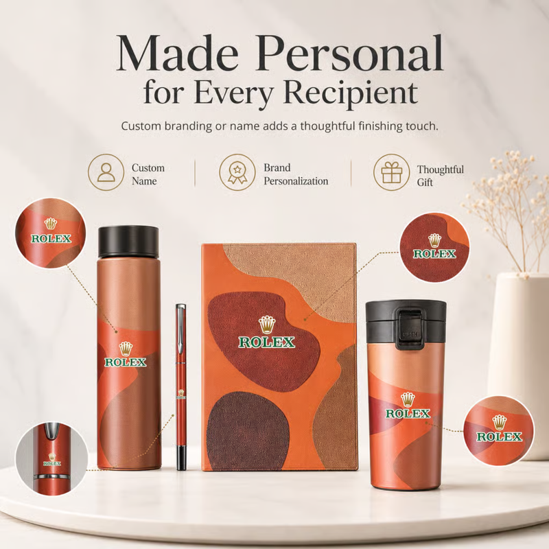Personalized Doodle 4 in 1 Gift Set | Custom Name Diary Flask Travel Mug & Pen Combo | Corporate Birthday Office Gifting Set
