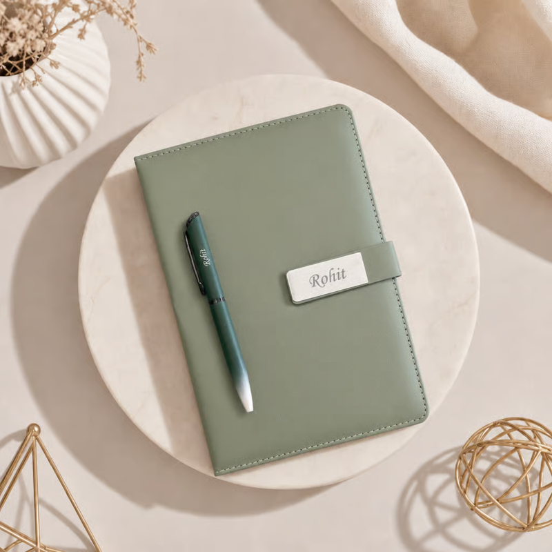 Vega Personalised Diary Pen Set | Premium Leather Finish Diary with Custom Name Printing & Matching Pen | Luxury Office Stationery Gift Set for Professionals