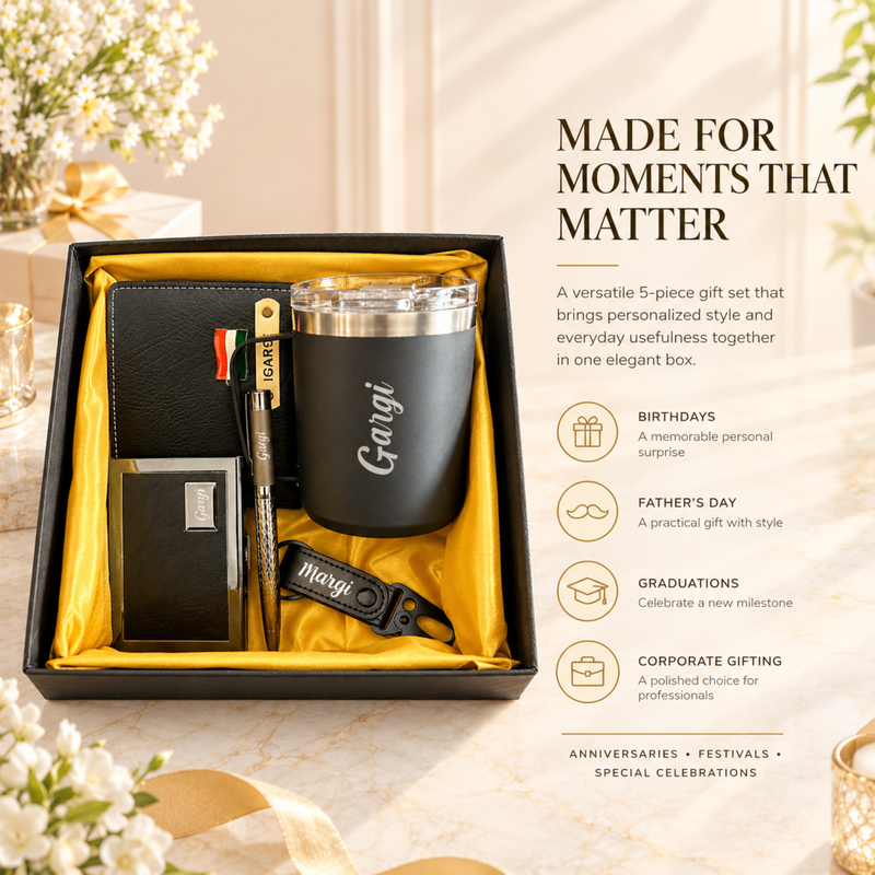 Nexon Signature Gift Box for Men | Wallet, Travel Mug, RFID Card Holder, Hook Keychain & Croc Snakes Pen | 5-Piece Personalized Gift Set