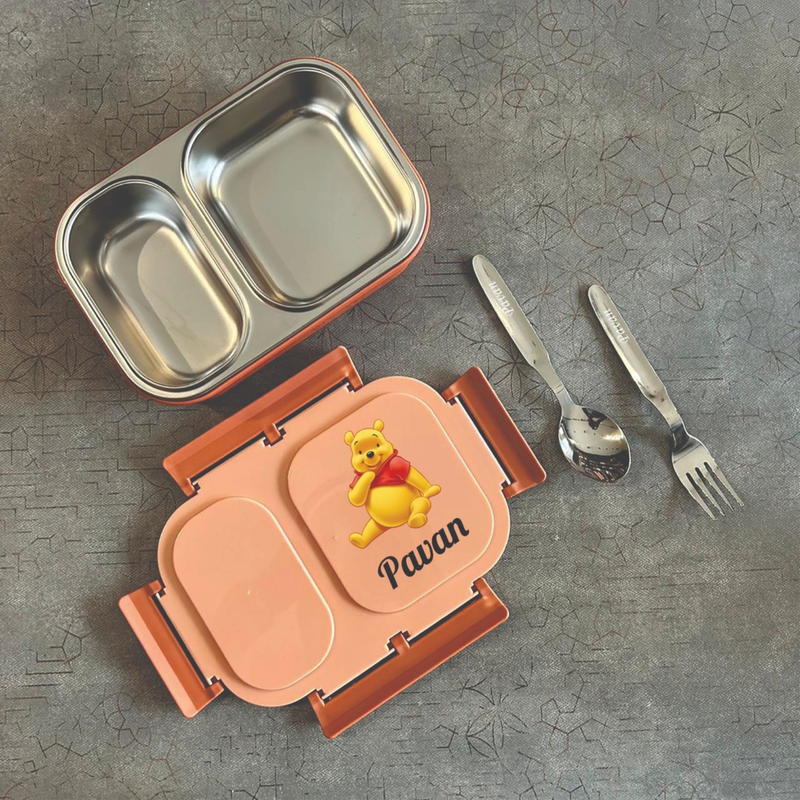 Personalized Lunch Box for Kids | 2 Partition & 3 Partition Stainless Steel Lunch Box with Fork & Spoon | Custom Cartoon Design
