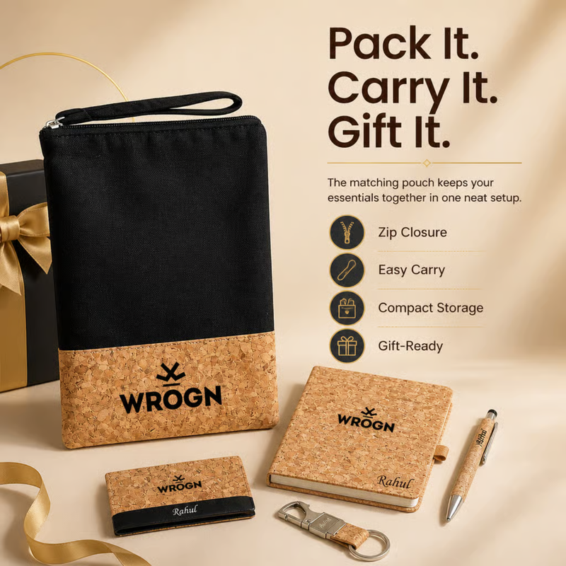 Personalized Cork 5 in 1 Gift Set | Custom Name Diary Jute Pouch Pen Card Holder & Keychain Combo | Corporate Birthday Office Gifting Set