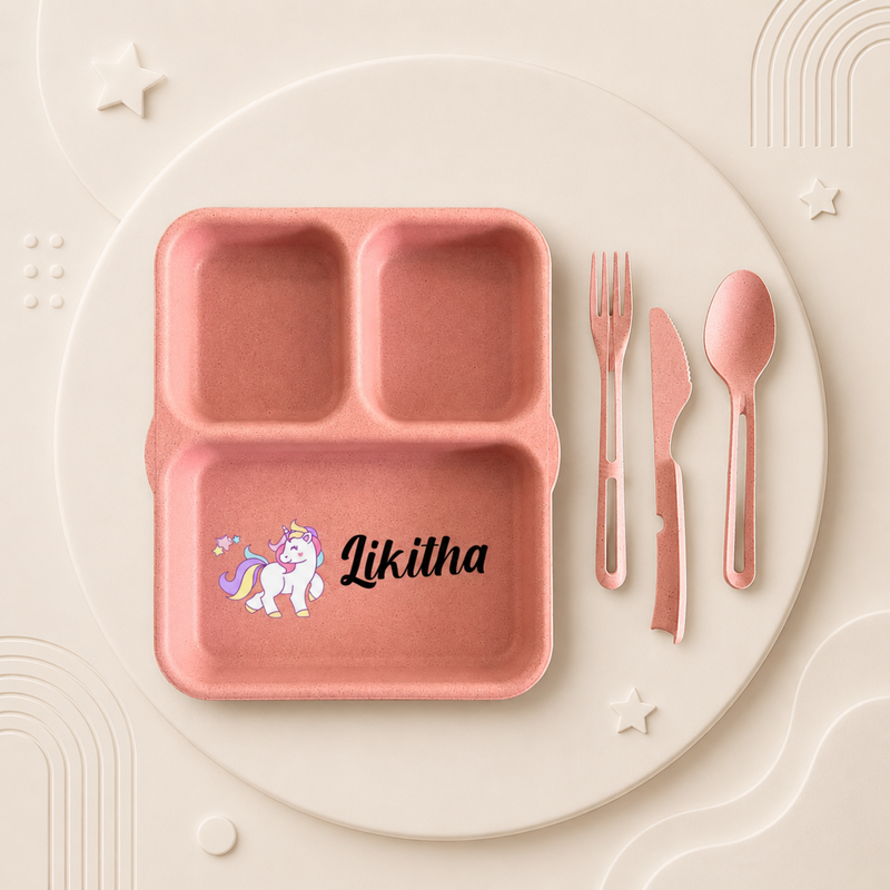 Personalized Eco-Friendly 4 Piece Dinner Set | Custom Name Compartment Plate Fork Spoon & Knife | Kids Dining & Gifting Set
