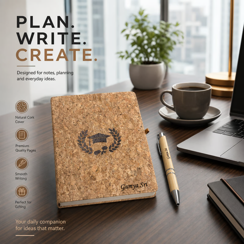 Cork Personalised Diary Pen Set | Premium Eco Style Diary with Custom Name & Matching Pen | Elegant Gift Set for Office Students Professionals Birthday