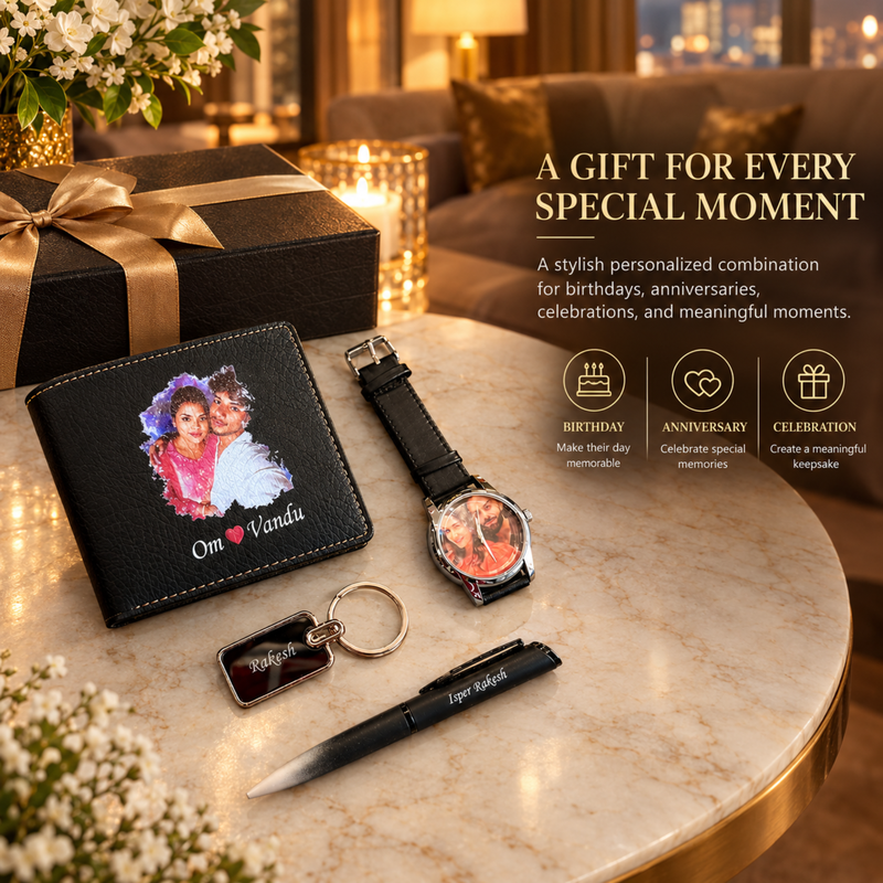 Camry Customised Gift Set | Personalised Photo Wallet, Photo Wrist Watch, Pen & Keychain Combo | Premium Gift Hamper for Birthdays, Anniversaries & Special Occasions