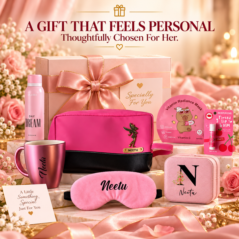 Personalised Woman Luxe Gift Box | Premium Women Gift Hamper with Utility Pouch, Mug, Eye Mask, Jewellery Box & Beauty Essentials