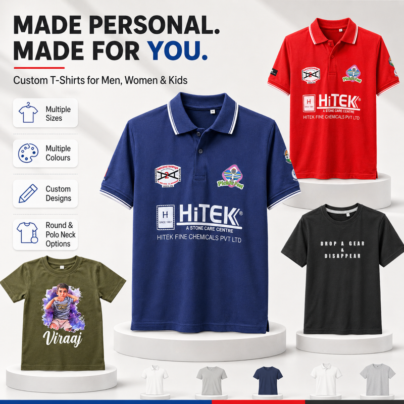 Custom Printed & Personalized T-Shirts for Men, Women & Kids | Premium Cotton Round Neck & Polo Neck T-Shirts | Photo, Name, Logo & Couple T-Shirt Printing | Multiple Sizes & Colours