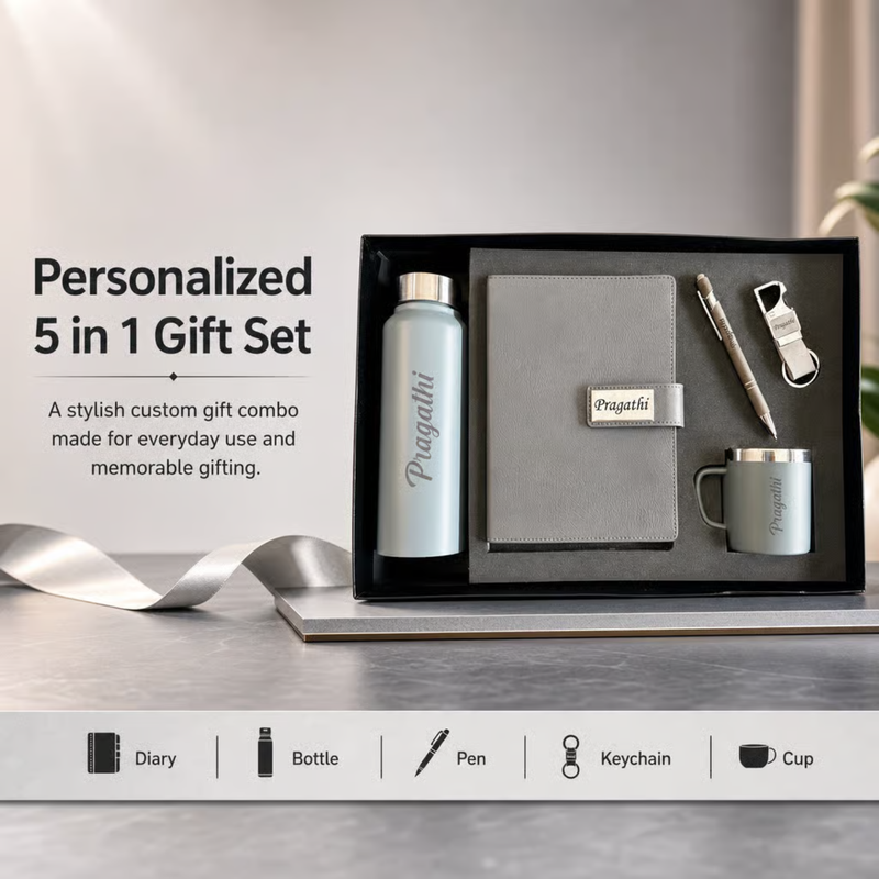 Personalized 5 in 1 Gift Set | Custom Name Diary Bottle Pen Keychain & Cup Combo | Gift Set for Birthday Corporate Office & Special Occasions