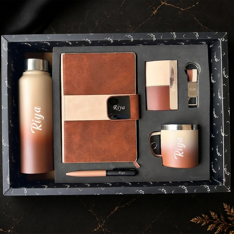 Personalized Dual Tone 6 in 1 Gift Set | Custom Name Diary Bottle Pen Keychain Card Holder & Mug Combo | Corporate Birthday Office Gifting Set