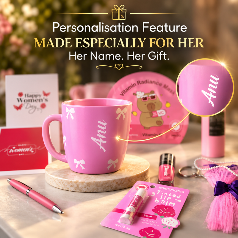 Personalised Elegance Lady Gift Box | Premium Women Gift Hamper with Cute Cup, Beauty Essentials, Pen & Keychain