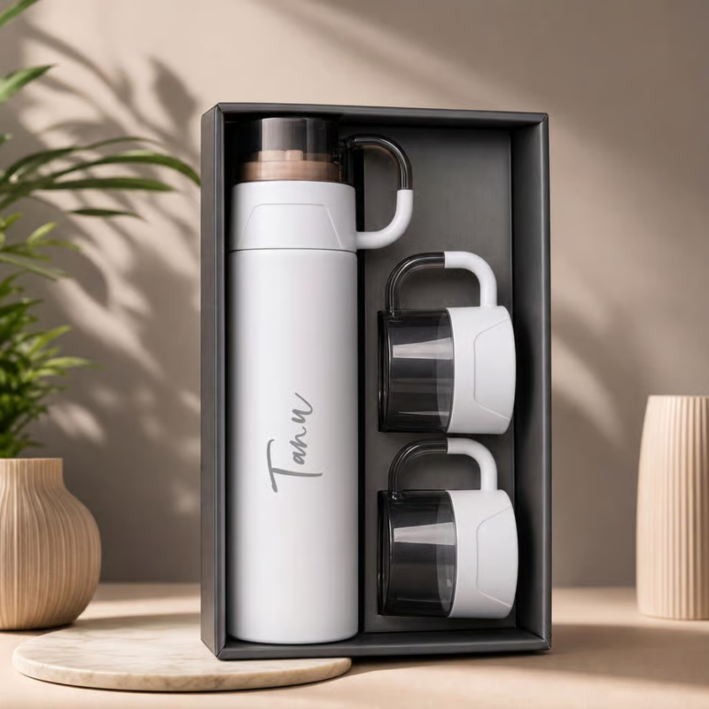 Personalized Alexa Flask with 2 Cups | Custom Name Printed Flask & Cup Gift Set | Travel Drinkware Set for Office Home Gifting