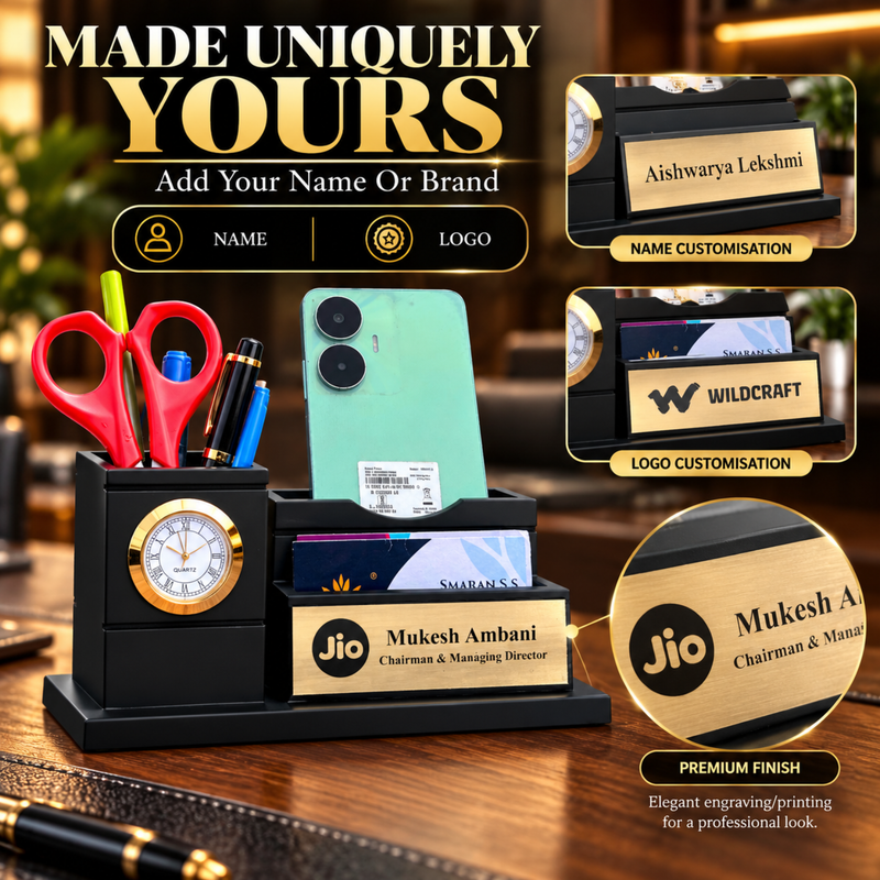Personalised Cello Pen Stand with Mini Clock | Custom Name Desk Organiser for Office & Study Table