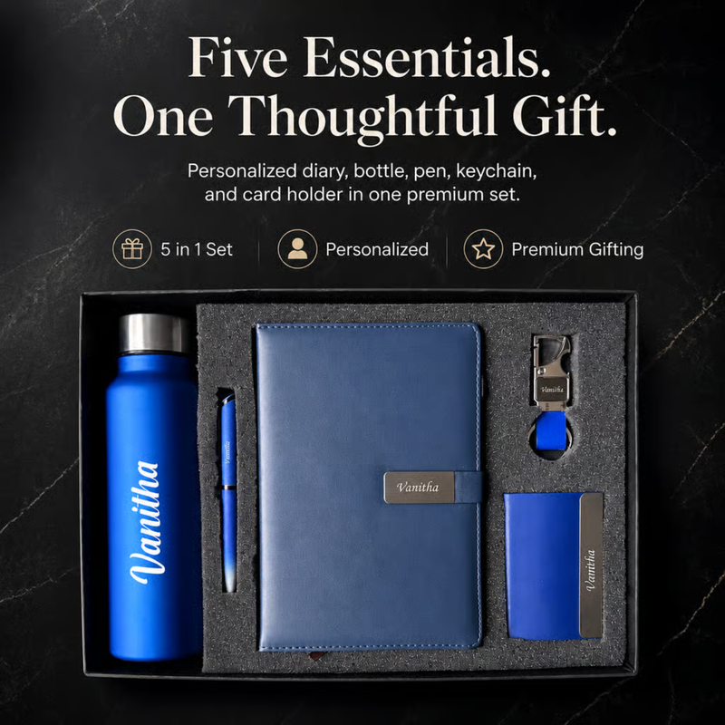Personalized Erocare 5 in 1 Gift Set | Custom Name Diary Bottle Pen Keychain & Card Holder Combo | Corporate Birthday Office Gifting Set