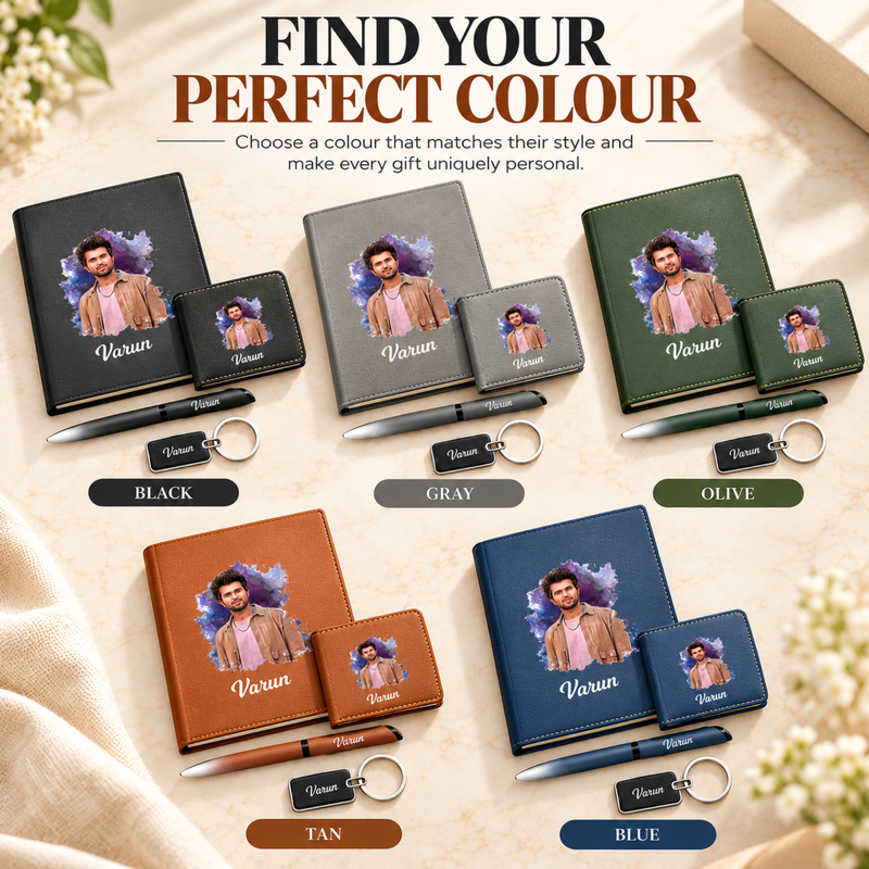 Artistic Customised Gift Set 1.0 | Personalised Photo Diary, Photo Wallet, Pen & Keychain Set | Premium Corporate Gift Hamper for Men & Women