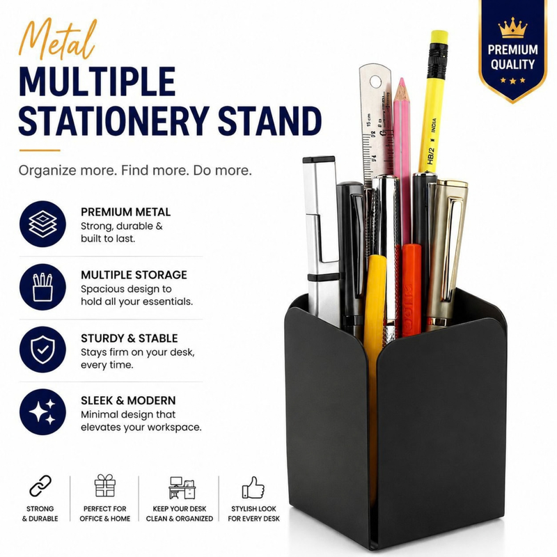 Personalised Multi Stationery Stand | Premium Metal Pen Holder for Desk Organisation