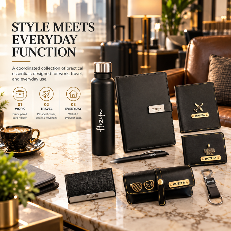 Classic Black Customised Hamper | Personalised Steel Bottle, Diary, Pen, Passport Cover, Wallet, Eyewear Case, Keychain & Card Holder Gift Set
