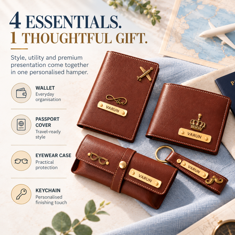 Nexon Customised 4 in 1 Hamper | Personalised Men Wallet, Passport Cover, Eyewear Case & Keychain Gift Set | Premium Accessories Gift Box for Men