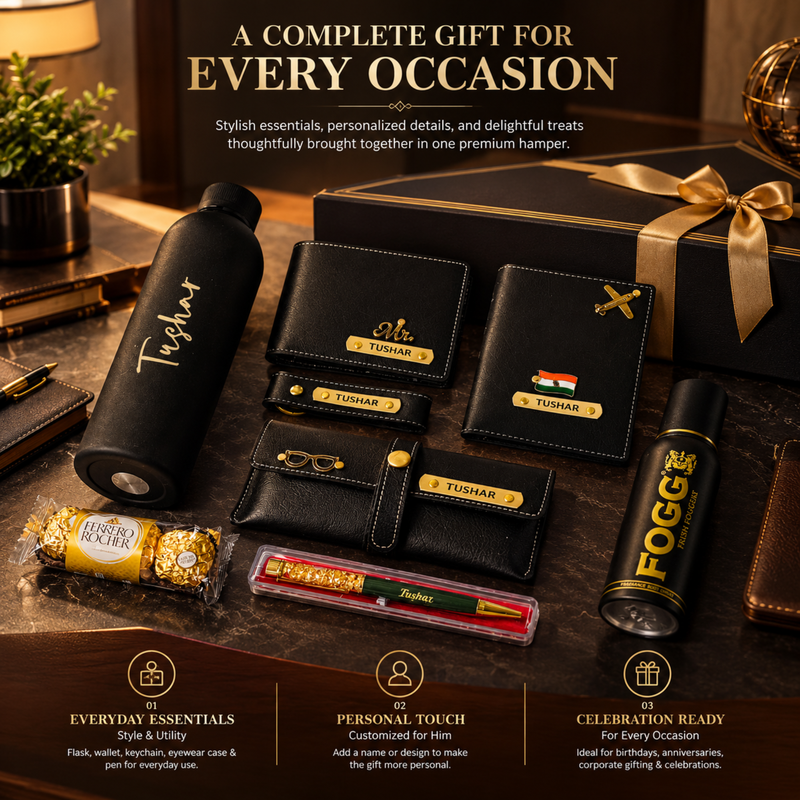 Customised All Occasion Gift Set for Men | Solid Flask, Wallet, Keychain, Eyewear Case, Body Spray, Gold Flake Pen & Ferrero Chocolates | Premium Personalised Gift Hamper