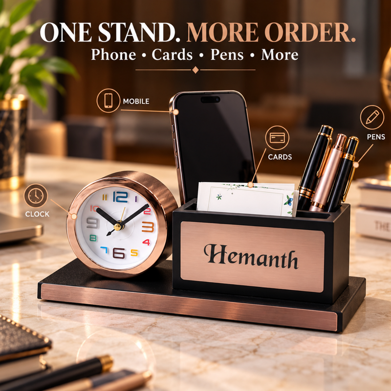Personalised Rose Gold Pen Stand with Mini Clock | Premium Desk Organizer with Mobile Holder | Office Table Accessory Gift