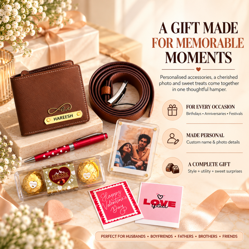 Mavericks Personalized Gift Set for Men | Wallet Belt Pen Polaroid Magnet & Chocolate Combo | Premium Custom Gift Hamper for Husband Boyfriend Birthday Anniversary