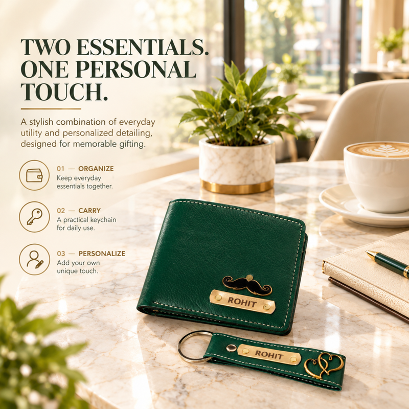 Nexon Customised Wallet & Keychain Combo | Personalised Men Wallet with Premium Keychain Gift Set | Stylish Accessories Hamper for Men